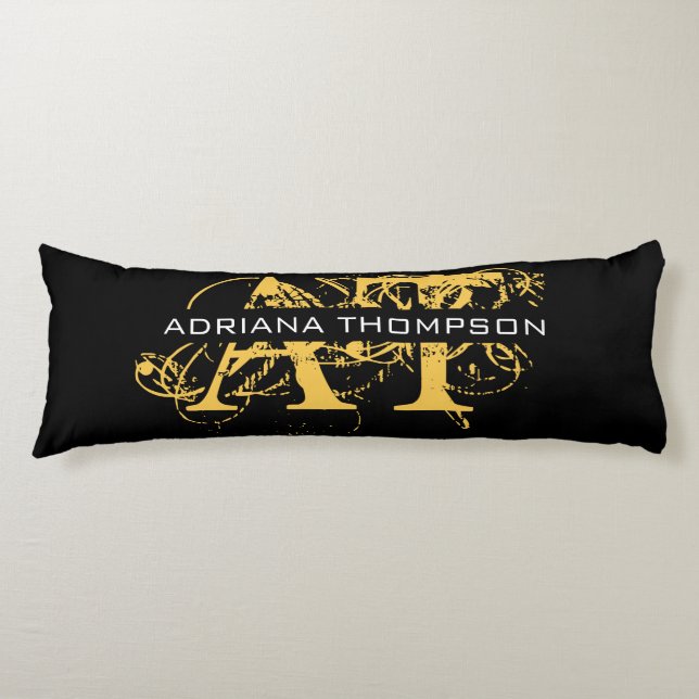 Modernes, bedrücktes Schwarz/Gold-Mit Monogramm Seitenschläferkissen (Vorderseite)