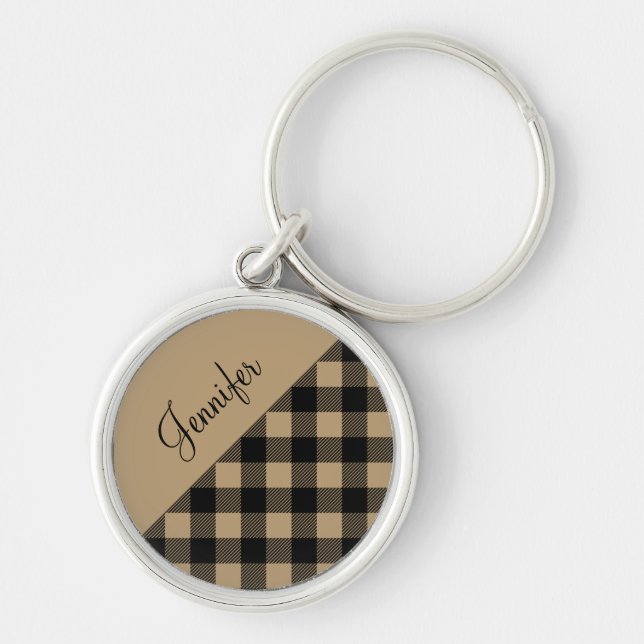 Modernes Beige Buffalo Karierter Karo Schlüsselanhänger (Vorne)