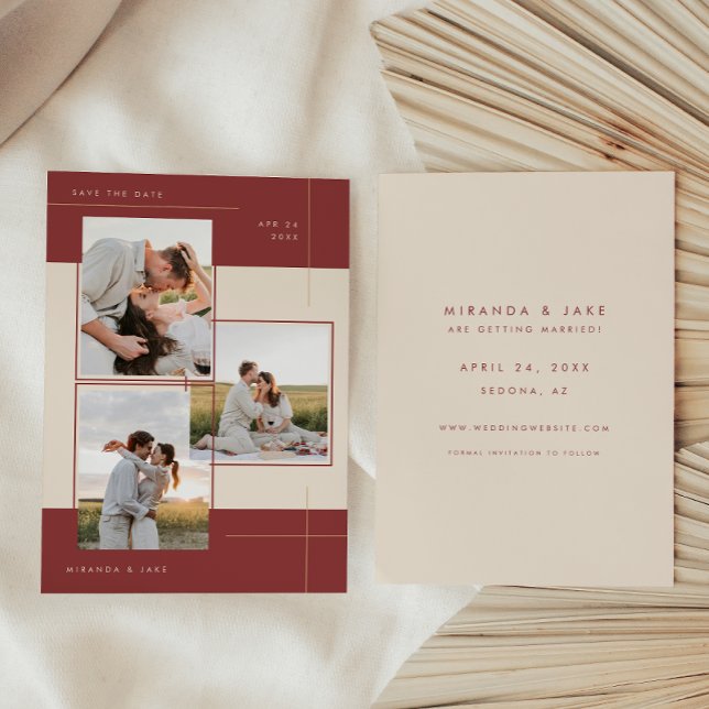 Modernes Beige Burgundy Geometric Inline 3 Foto Save The Date (Von Creator hochgeladen)