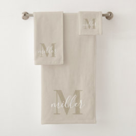 Modernes Beige Personalisierte Familienname Monogr Badhandtuch Set