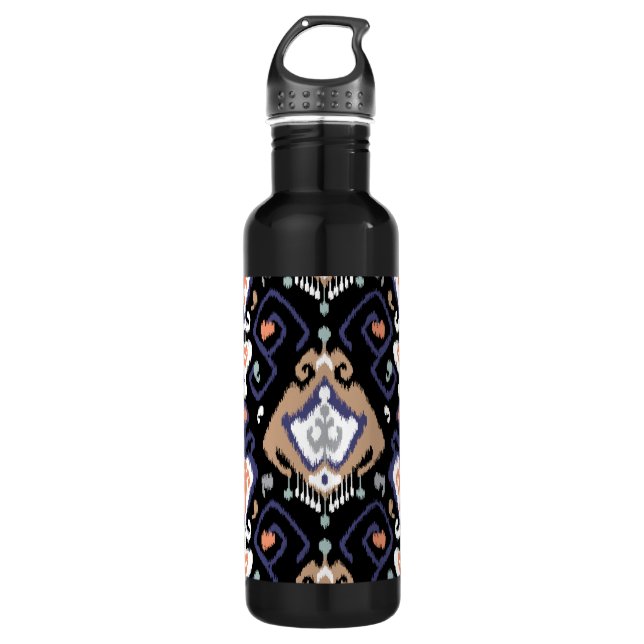 Modernes beige schwarzes ikat Stammes- Muster Trinkflasche (Vorderseite)