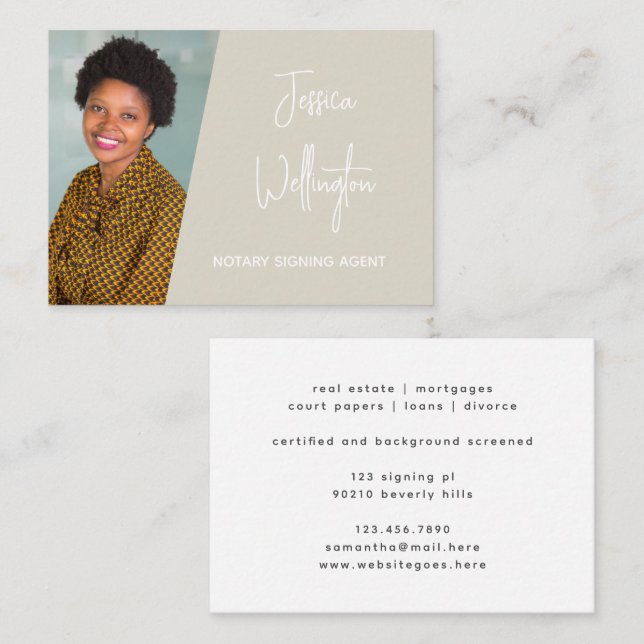 Modernes Beige Signature Script Notary Lawyer Foto Visitenkarte (Vorne/Hinten)
