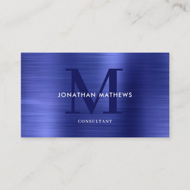 Modernes Beruflich gebürstetes Metallic Blue Monog Visitenkarte (Vorderseite)