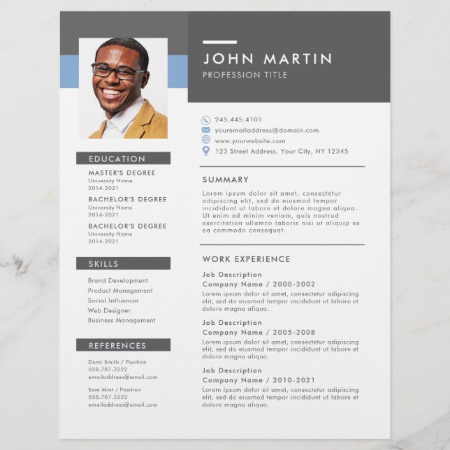 Modernes Beruflich-Grau-Blue-Job-Resume-Foto Flyer (Vorne)