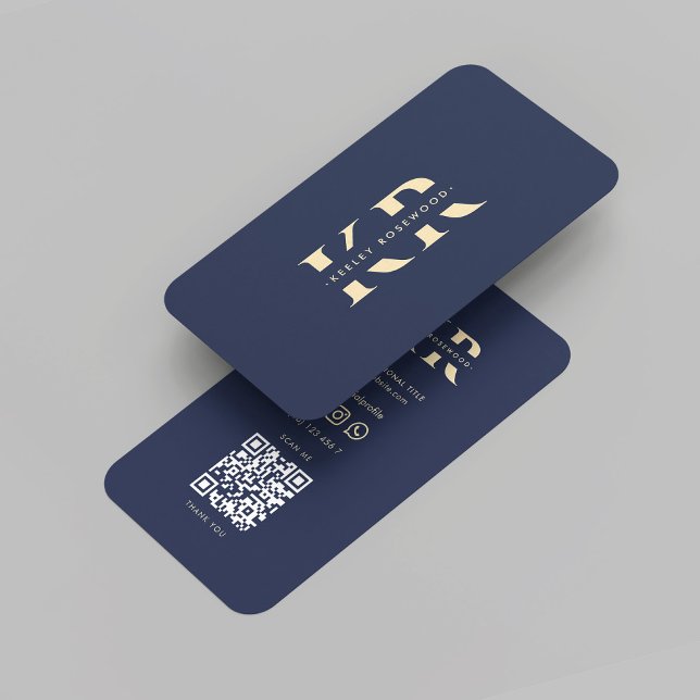 Modernes Berufliches Monogramm Elegant Dark Blue Visitenkarte (Modern Professional Monogram Elegant Dark Blue Gold Initials QR code Letter K R Business Card
)