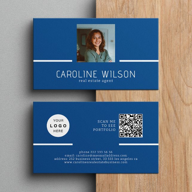 Modernes berufliches QR CODE-Logo Foto blau Visitenkarte (Von Creator hochgeladen)