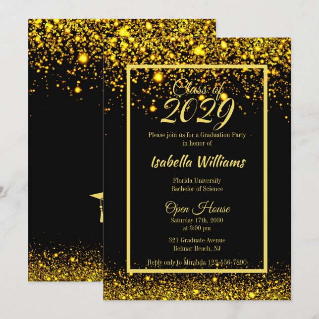 Modernes bezauberndes GoldGlitzer-Abschluss-Party Einladung (Vorne/Hinten)