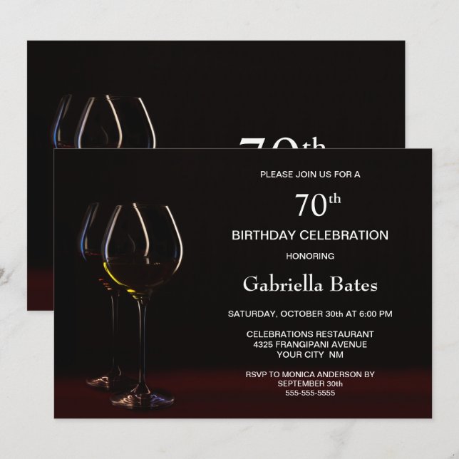 Modernes Black 70 th Birthday Wine Glass Party Einladung (Vorne/Hinten)