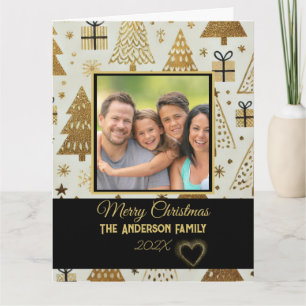 Modernes Black and Gold Frohe Weihnachtsfamilie Fo Karte