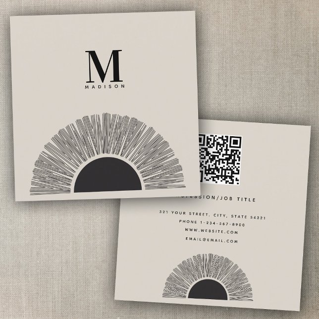 Modernes Black & Beige Sunset Abstrakt Art QR Code Quadratische Visitenkarte (Modern Black & Beige Sunset Abstract Art QR Code Square Business Card)