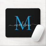 Modernes Black Blue Monogram Elegante Girly Script Mousepad<br><div class="desc">Modernes Black Ocean Bright Blue Monogram Elegant Girly Script Mouse Pad</div>