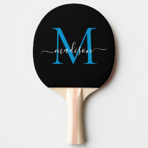 Modernes Black Blue Monogram Eleganter Skriptname Tischtennis Schläger