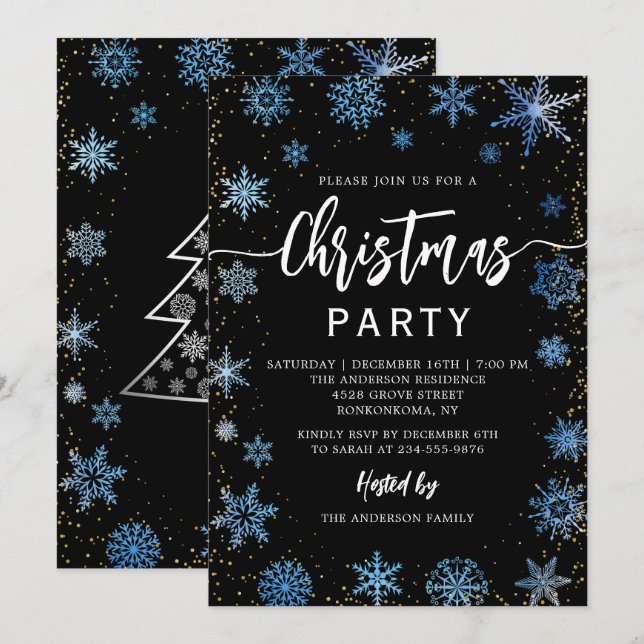 Modernes Black Blue Snowflakes Weihnachts-Party Einladung (Vorne/Hinten)