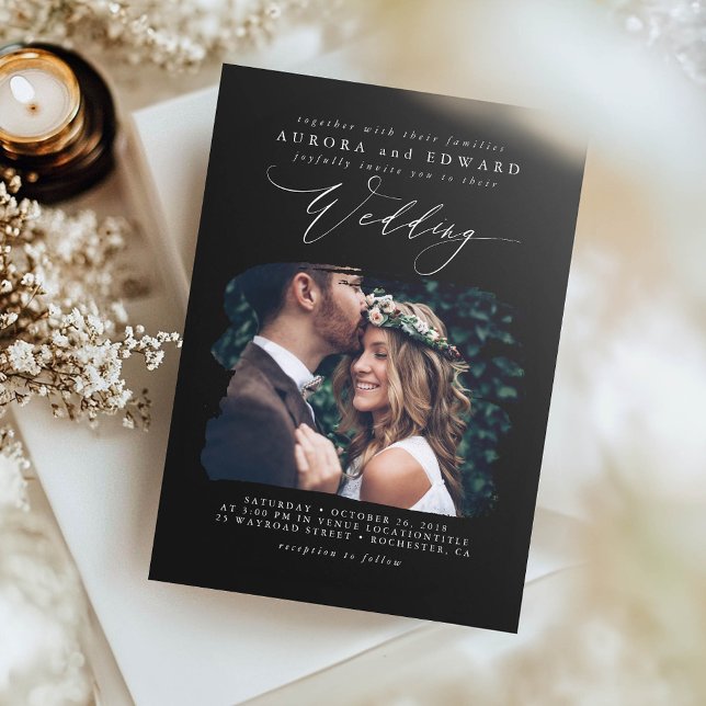 Modernes Black Boho Wedding Foto Einladung (Elegant Black Wedding Photo Invitation)
