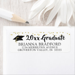 Modernes Black Brush Script Gold Confetti Grad Cap