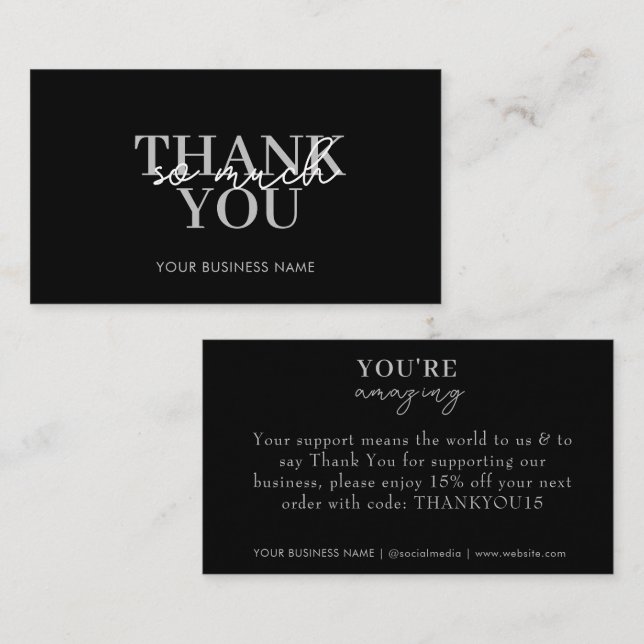 Modernes Black Business Elegante Vielen Dank Visitenkarte (Vorne/Hinten)