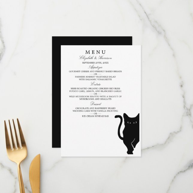 Modernes Black Cat Wedding Menu Menükarte (Vorderseite/Rückseite Beispiel)