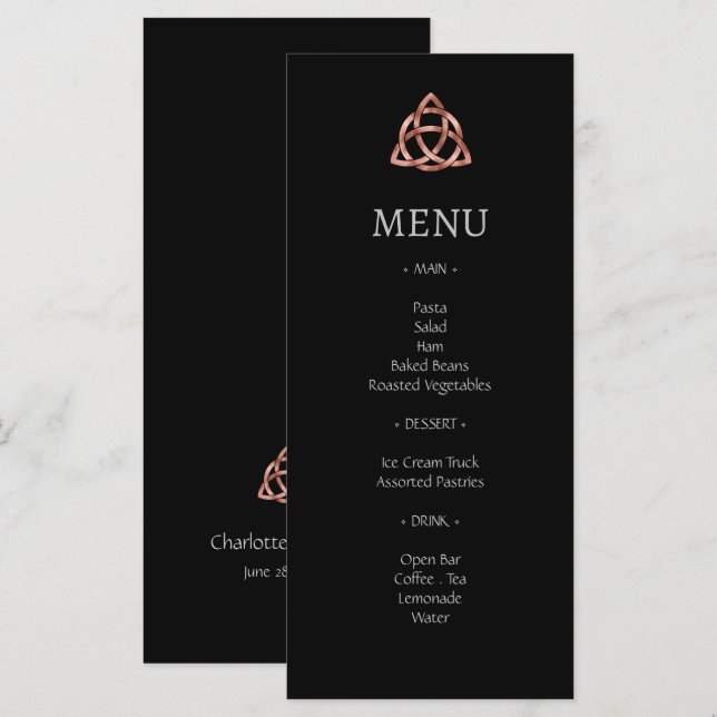 Modernes Black Celtic Knot Rose Gold Wedding Menu Menükarte (Vorne/Hinten)