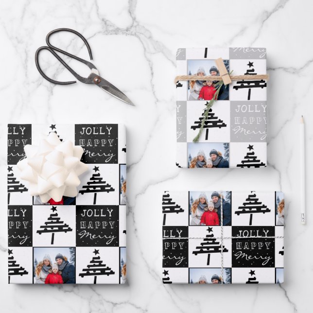 Modernes Black Christmas Tree Family Foto Geschenkpapier Set (Vorderseite)