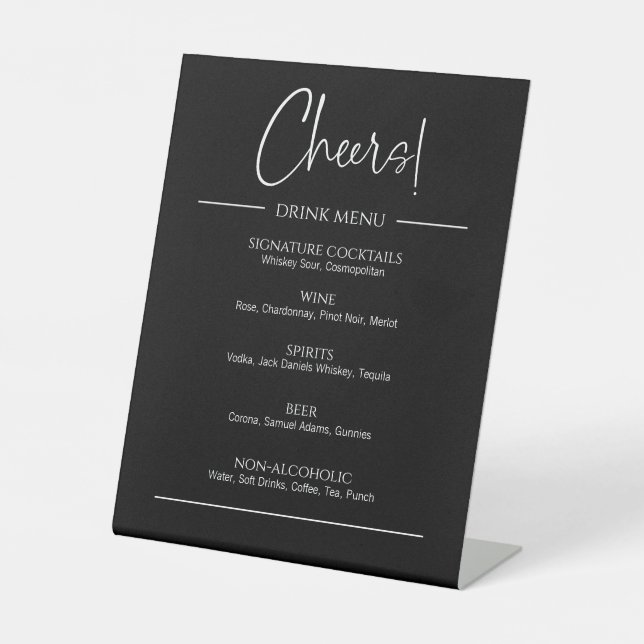 Modernes Black Drink Menu Wedding Pedestal Sign Sockelschild (Vorderseite)