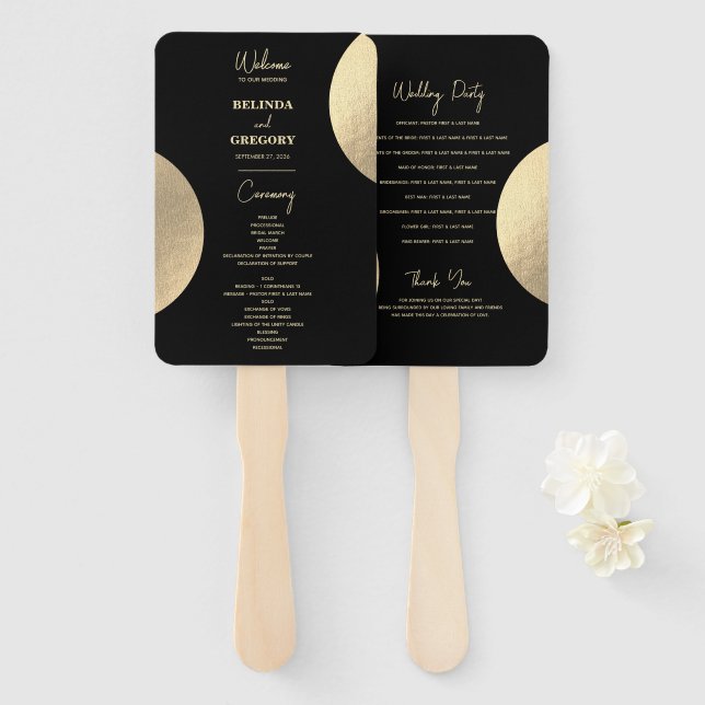 Modernes Black & Gold Abstrakt Wedding Programm Fächer (Vorne und Hinten)