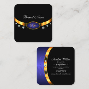 Modernes Black Gold Blue mit Initialen und Diamant Quadratische Visitenkarte