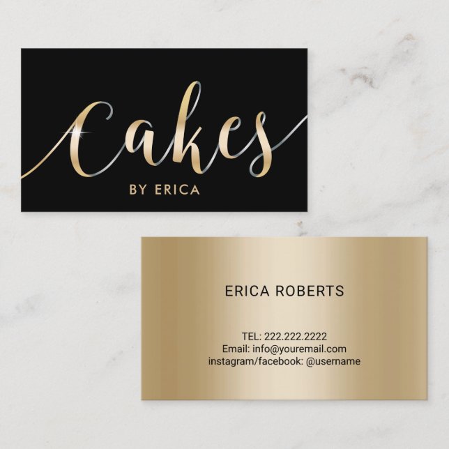 Modernes Black & Gold Cake Konditorei Koch Bäckere Visitenkarte (Vorne/Hinten)
