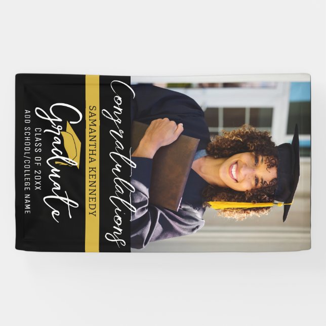 Modernes Black & Gold Class-Foto 2025 Grad Cap Banner (Horizontal)
