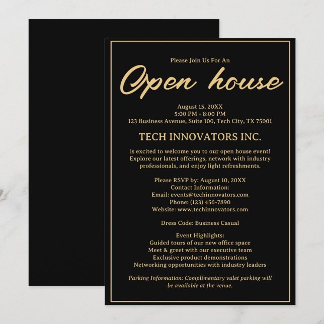 Modernes Black & Gold Elegantes Business Open Hous Einladung (Vorne/Hinten)