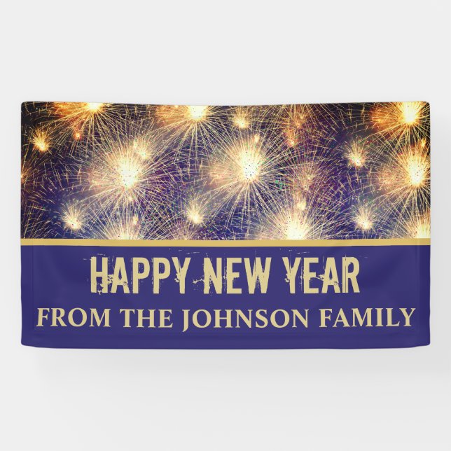 Modernes Black & Gold Fireworks Silvester Party Banner (Horizontal)