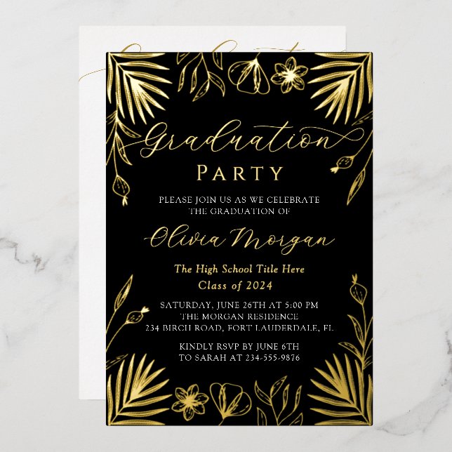 Modernes Black Gold Floral Script Abschluss Foto F Folieneinladung (Vorderseite/Rückseite)