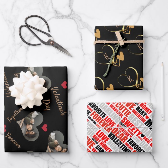 Modernes Black Gold Foto Valentine Liebe Name Geschenkpapier Set (Vorderseite)