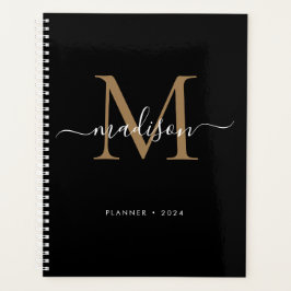 Modernes Black Gold Girly Monogram Script Name 202 Planer