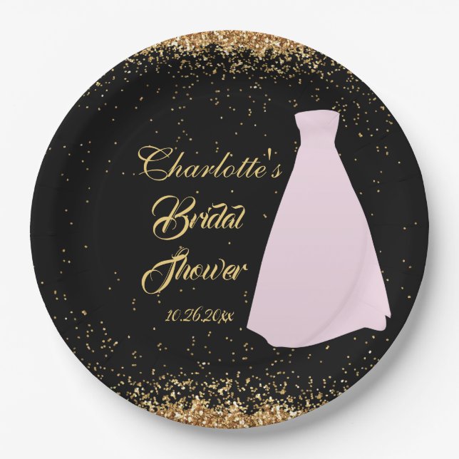 Modernes Black & Gold Glitzer Brautparty Pappteller (Vorderseite)