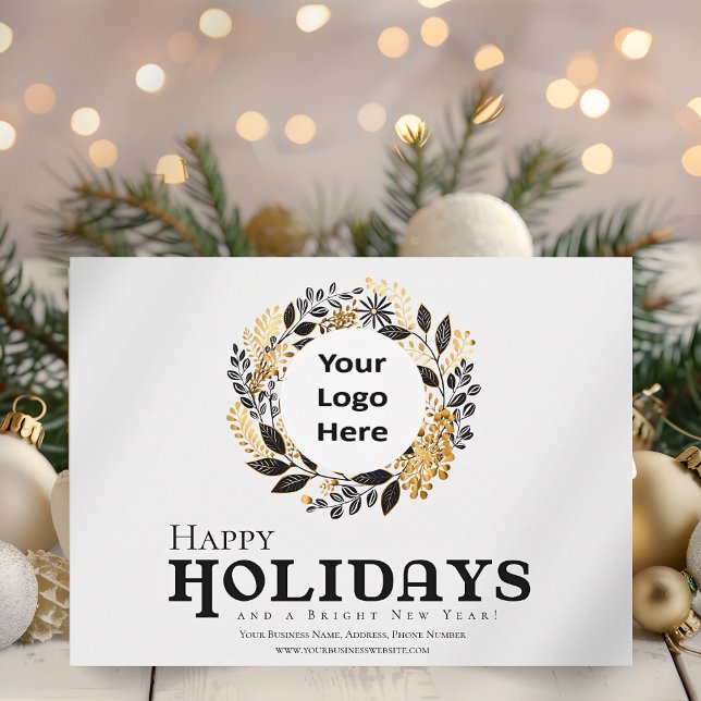 Modernes Black Gold Kranz Weihnachten Firmenglückl (Black and Gold Wreath Corporate Happy Holidays Business Christmas Card with Logo )