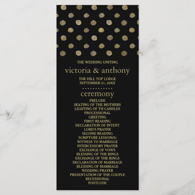 Modernes Black & Gold Polka Dots Hochzeitsprogramm Programm (Vorderseite)
