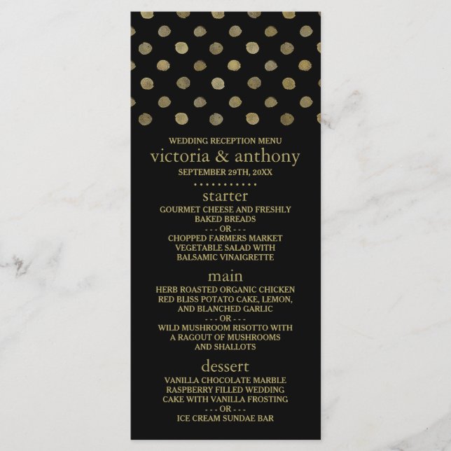 Modernes Black & Gold Polka Dots Wedding Menu Menükarte (Vorderseite)