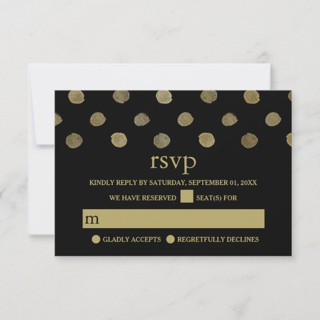 Modernes Black & Gold Polka Dots Wedding RSVP Karte (Vorderseite)