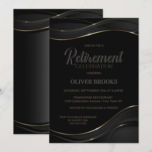 Modernes Black Gold Rentirement Celebration Einladung (Vorne/Hinten)