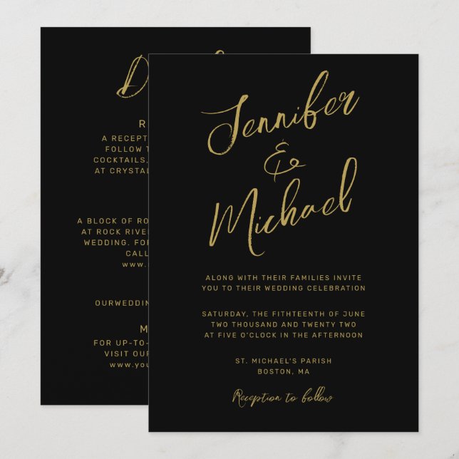 Modernes Black Gold Script in einer Hochzeit Einladung (Vorne/Hinten)
