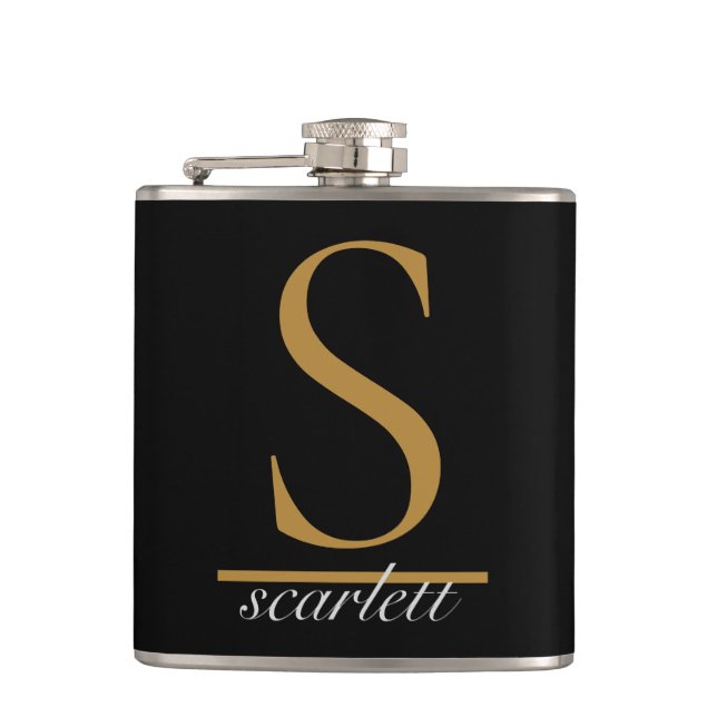 Modernes Black Gold Stilftiges Monogram Girly Scri Flachmann (Vorderseite)