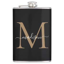 Modernes Black Gold Stilftiges Monogram Girly Scri Flachmann