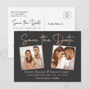 Modernes Black Rose Gold 2 Foto Save the Date Postkarte
