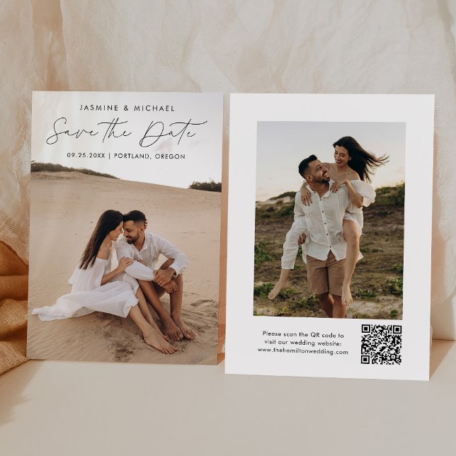 Modernes Black Script QR Code 2 Foto Save The Date (Von Creator hochgeladen)