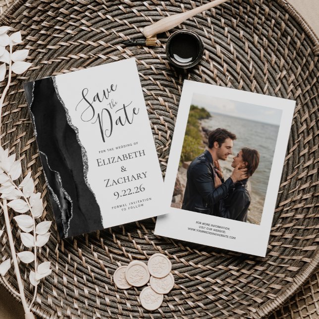 Modernes Black Silver Agate Foto Save the Date (Von Creator hochgeladen)