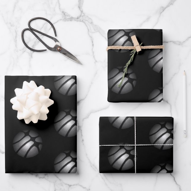 Modernes Black Silver Basketball Ball Sportmuster Geschenkpapier Set (Vorderseite)