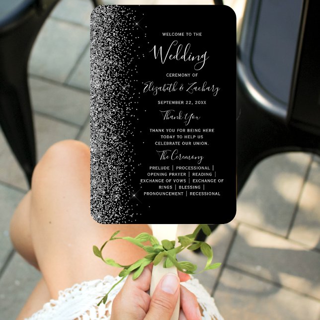 Modernes Black Silver Glitzer Edge Wedding Program Fächer (Von Creator hochgeladen)