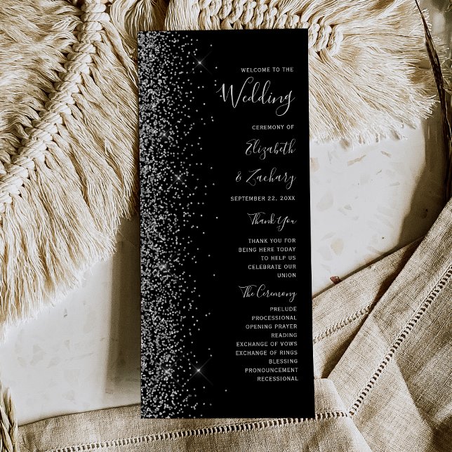 Modernes Black Silver Glitzer Hochzeitsprogramm (Von Creator hochgeladen)