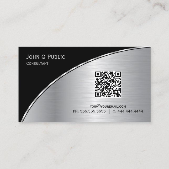 Modernes Black Silver QR Elegantes Beruflich Visitenkarte (Vorderseite)