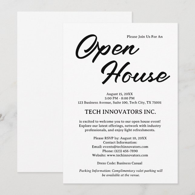 Modernes Black & White Business Open House Einladung (Vorne/Hinten)